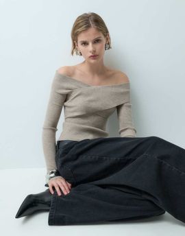 Miss Selfridge Miss Selfridge rib knit cross over fitted long sleeve top in oatmeal heather-NEUTRAL