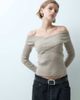 Miss Selfridge Miss Selfridge rib knit cross over fitted long sleeve top in oatmeal heather-NEUTRAL - 4