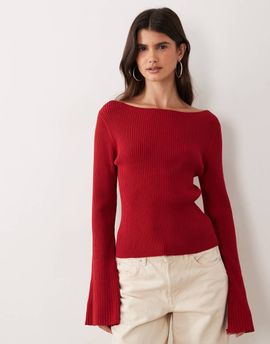 Miss Selfridge Miss Selfridge rib knit slash neck flare sleeve top in red