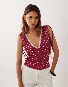 Miss Selfridge Miss Selfridge ruched shoulders v-neck tank top with lace trim in polka dots-pink