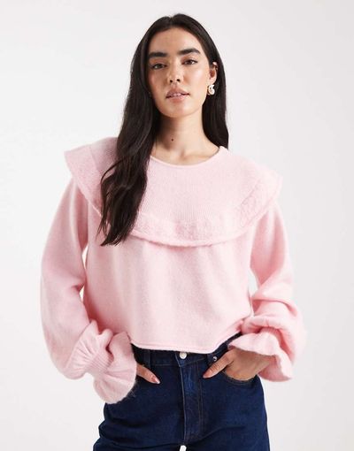 Miss Selfridge Miss Selfridge ruffle collar balloon sleeve sweater in soft pink
