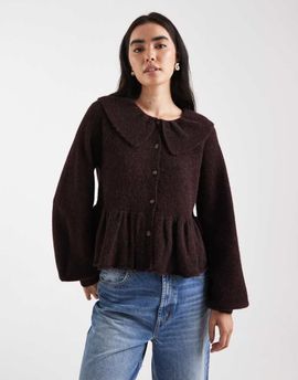 Miss Selfridge Miss Selfridge ruffle collar peplum hem cardigan in plum-No color