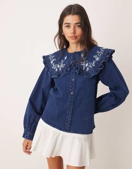 Miss Selfridge Miss Selfridge ruffle embroidered collar denim shirt in indigo-Navy