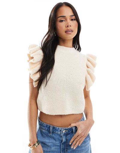 Miss Selfridge Miss Selfridge ruffle knit tank in cream-White