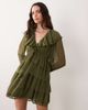 Miss Selfridge Miss Selfridge ruffle trim tie front chiffon dress in olive-Purple - 1