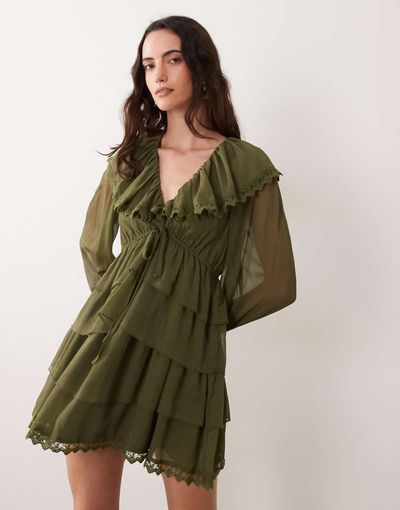 Miss Selfridge Miss Selfridge ruffle trim tie front chiffon dress in olive-Purple