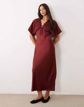 Miss Selfridge Miss Selfridge satin and lace batwing maxi dress in wine-No color
