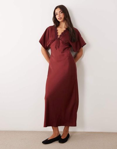 Miss Selfridge Miss Selfridge satin and lace batwing maxi dress in wine-No color