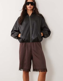 Miss Selfridge Miss Selfridge satin and lace bermuda short in chocolate-No color