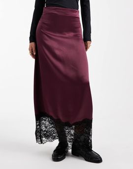 Miss Selfridge Miss Selfridge satin and lace bias maxi skirt in fig-Purple
