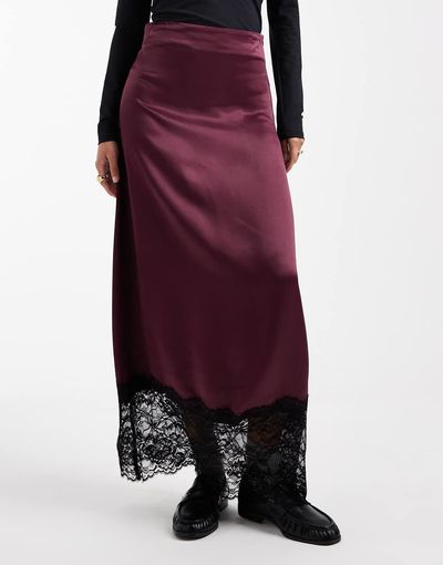 Miss Selfridge Miss Selfridge satin and lace bias maxi skirt in fig-Purple