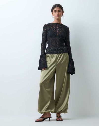 Miss Selfridge Miss Selfridge satin balloon pants in khaki-Green