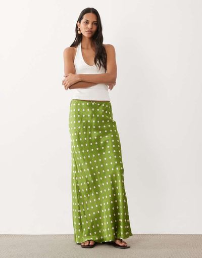 Miss Selfridge Miss Selfridge satin bias maxi skirt in green polka dot print