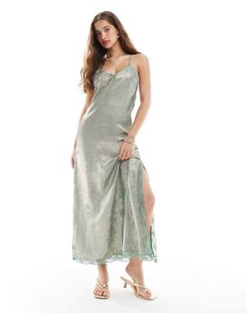 Miss Selfridge Miss Selfridge satin cami maxi dress in green metallic-Neutral