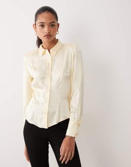 Miss Selfridge Miss Selfridge satin fitted shirt with shoulder pads-White