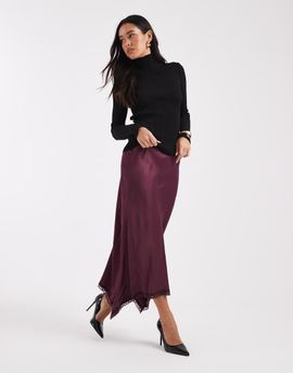 Miss Selfridge Miss Selfridge satin handkerchief hem midi skirt in fig-Purple