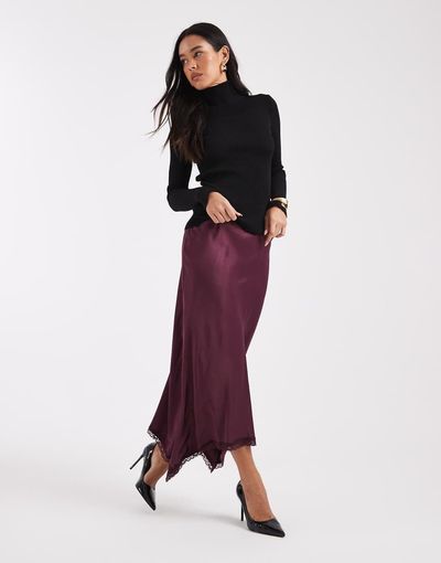 Miss Selfridge Miss Selfridge satin handkerchief hem midi skirt in fig-Purple