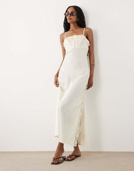 Miss Selfridge Miss Selfridge satin tie front cami maxi dress in ecru-White