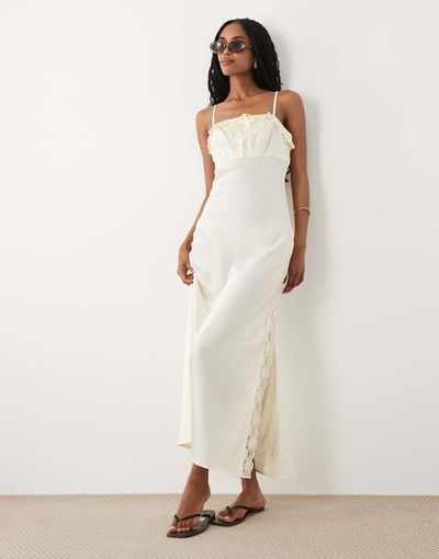 Miss Selfridge Miss Selfridge satin tie front cami maxi dress in ecru-White