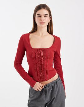 Miss Selfridge Miss Selfridge scoop front corset top with lace trim in burgundy-Red