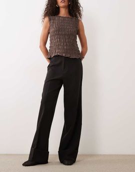 Miss Selfridge Miss Selfridge seam detail wide leg tailored pants with cuffed hem in black