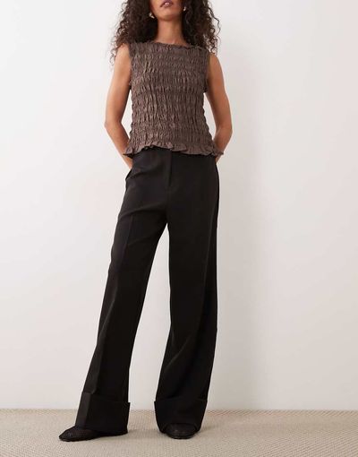 Miss Selfridge Miss Selfridge seam detail wide leg tailored pants with cuffed hem in black
