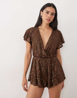 Miss Selfridge Miss Selfridge sequin batwing sleeve romper in chocolate-Brown