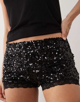 Miss Selfridge Miss Selfridge sequin booty shorts with lace trim in black