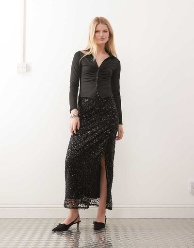 Miss Selfridge Miss Selfridge sequin maxi skirt in black-Gray