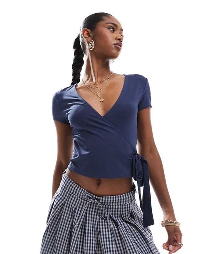 Miss Selfridge Miss Selfridge short sleeve jersey wrap top in navy