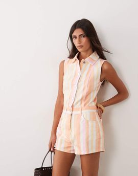 Miss Selfridge Miss Selfridge sleeveless denim romper with seam detail in stripe-Multi