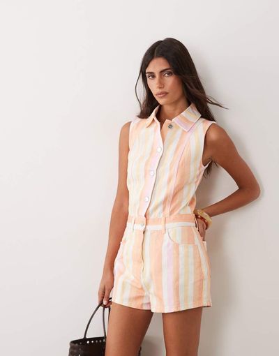 Miss Selfridge Miss Selfridge sleeveless denim romper with seam detail in stripe-Multi