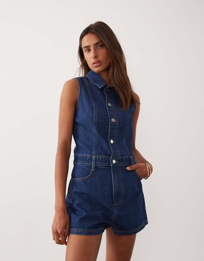 Miss Selfridge Miss Selfridge sleeveless denim romper with seam detailing in indigo wash-Blue