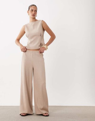 Miss Selfridge Miss Selfridge soft rib wide leg pants - part of a set-Neutral
