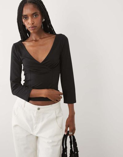 Miss Selfridge Miss Selfridge soft touch wrap corset seamed top in black