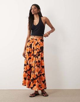 Miss Selfridge Miss Selfridge spun tiered maxi skirt in orange hibiscus print
