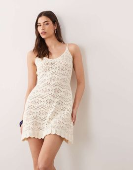 Miss Selfridge Miss Selfridge strappy crochet mini dress in cream-Neutral