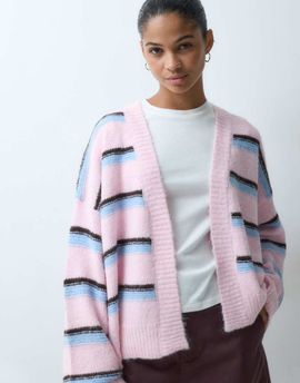 Miss Selfridge Miss Selfridge stripe fluffy edge to edge cardigan in soft pink