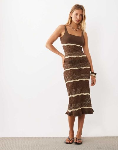 Miss Selfridge Miss Selfridge striped crochet midi dress in brown