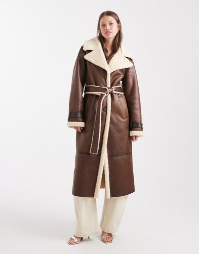 Miss Selfridge Miss Selfridge suedette borg belted wrap coat in chocolate-Brown