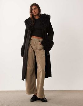 Miss Selfridge Miss Selfridge suedette faux mongolian trim trench coat in black