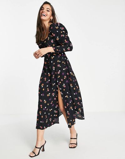 Miss Selfridge Miss Selfridge sweetheart puff sleeve midi dress in colorful floral-Black