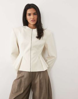 Miss Selfridge Miss Selfridge tailored power shoulder peplum blazer in ivory-White