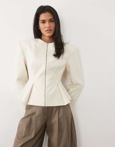 Miss Selfridge Miss Selfridge tailored power shoulder peplum blazer in ivory-White