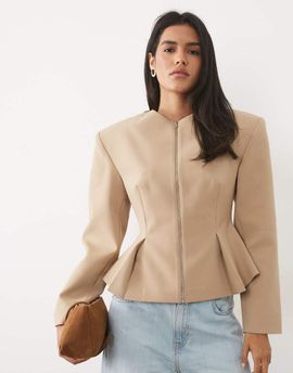 Miss Selfridge Miss Selfridge tailored power shoulder peplum blazer in neutral-pink