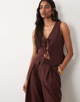 Miss Selfridge Miss Selfridge tailored tie front top in chocolate - part of a set-Brown