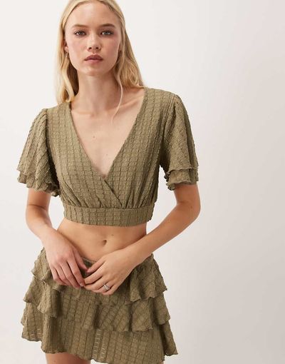 Miss Selfridge Miss Selfridge textured wrap frill sleeve top in khaki green - part of a set