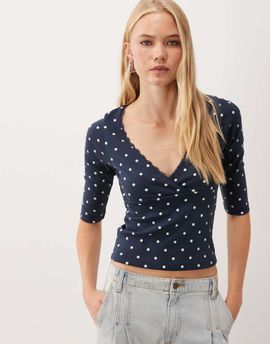 Miss Selfridge Miss Selfridge three quarter length sleeve wrap top in navy polka dot print-Blue