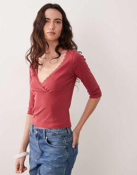 Miss Selfridge Miss Selfridge three quarter length sleeve wrap top in polka dot print-Red