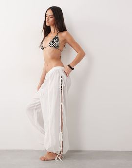 Miss Selfridge Miss Selfridge tie front beach parachute pants in cream-White